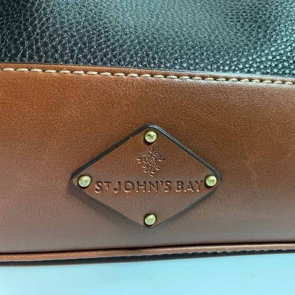 St. Johns Bay Brenna Black and British Tan Pebble women’s Satchel purse bag